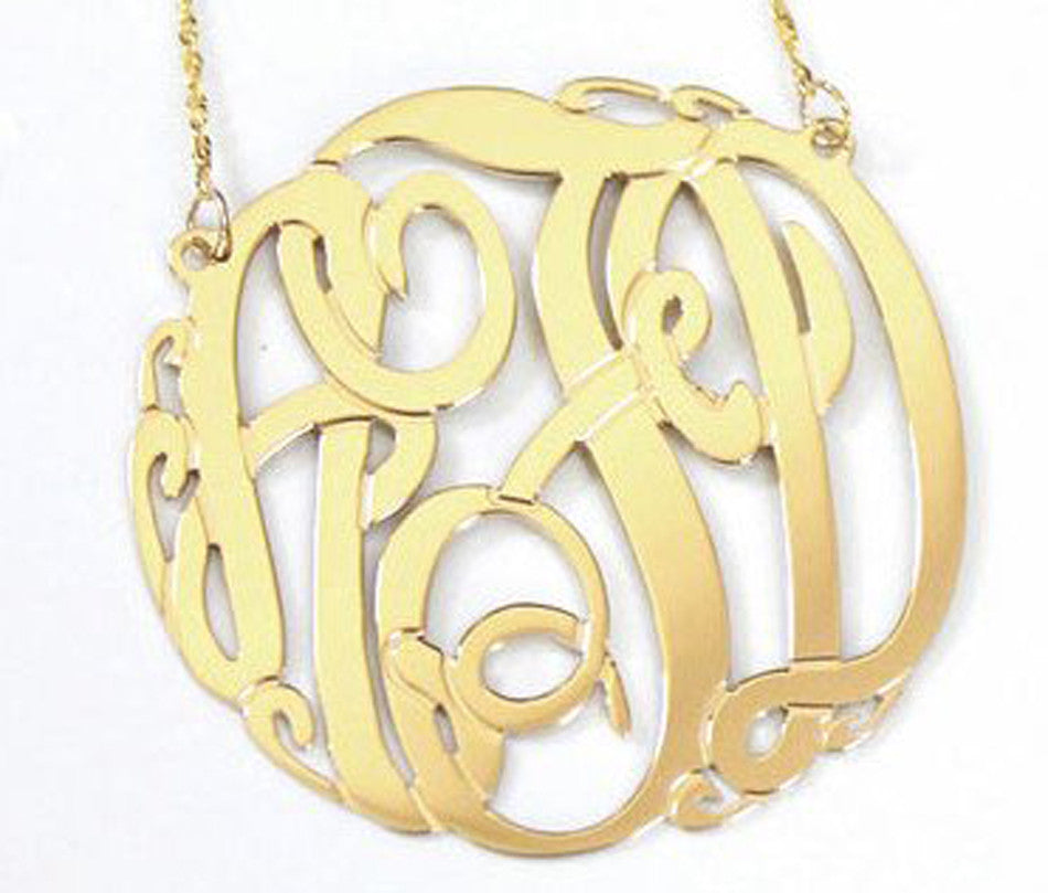 Solid 14k Gold Monogram Script Necklace ~ 3 initial cutout - 1