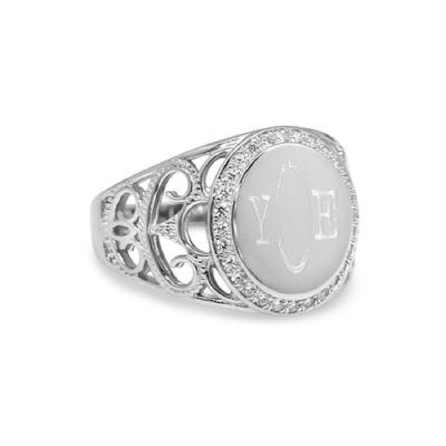 Sterling Silver Round CZ Filigree Monogram Ring