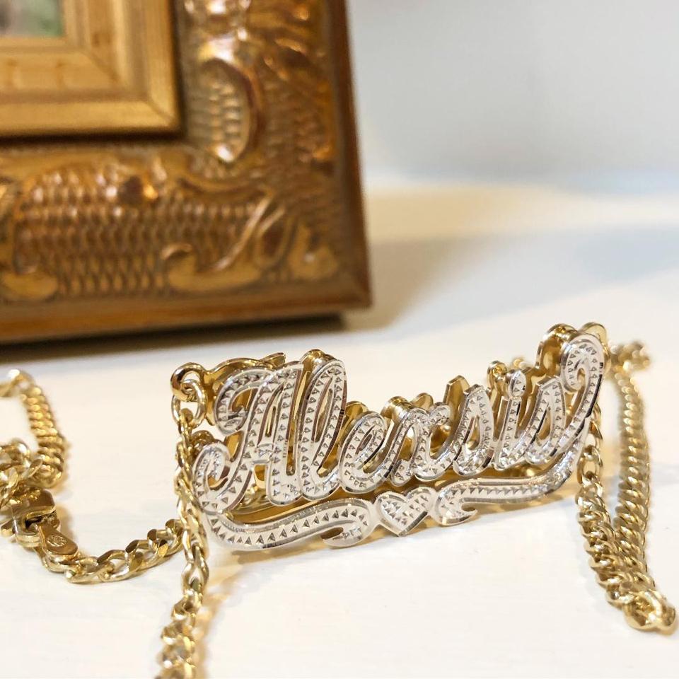 14K Solid Gold Double Plated Beaded Nameplate Necklace w/ Cuban Chain