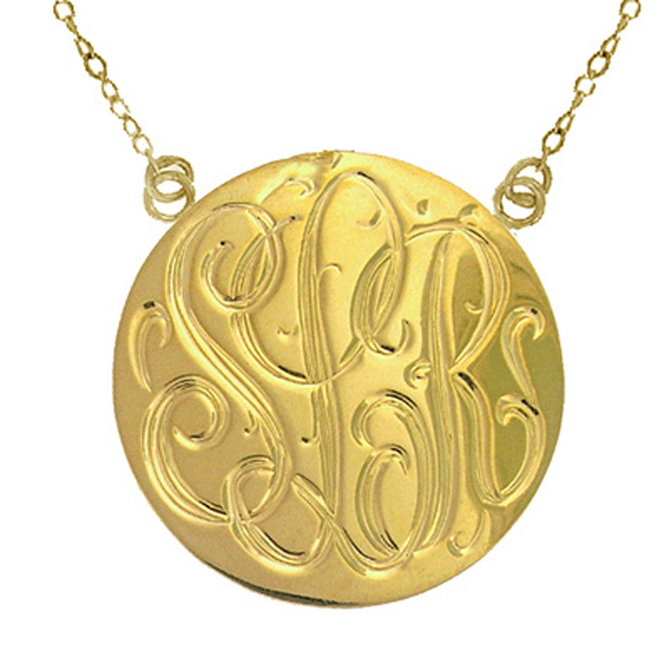 14K Yellow Gold Engraved Initial Circle Monogram Pendant Necklace