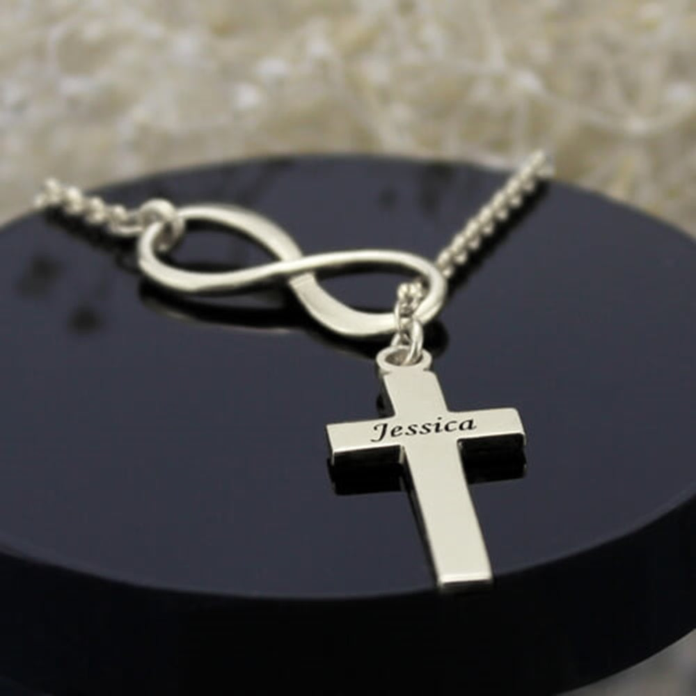 Infinity Engraved Cross Lariat Necklace 2