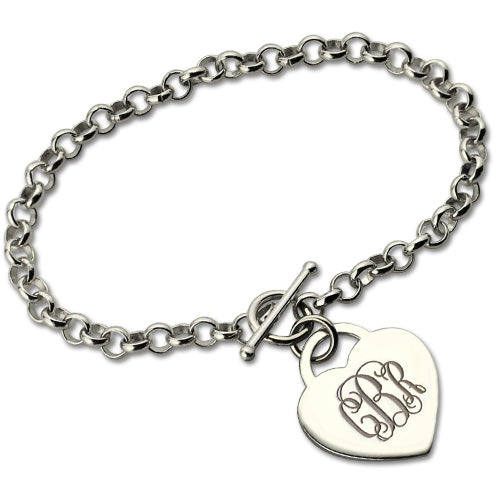 Sterling Silver Engraved Heart Charm Toggle Bracelet