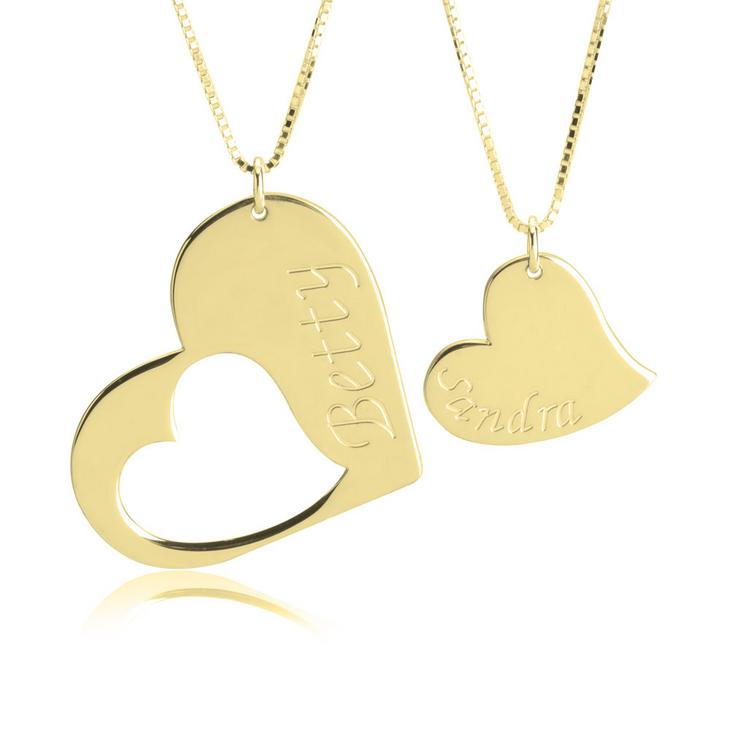 Two Piece Engraved Mother Daughter Heart Necklace gold