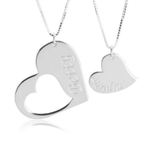 Two Piece Engraved Mother Daughter Heart Necklace