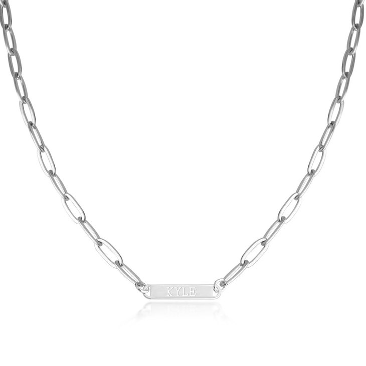 Engraved Small Bar Necklace / Paper Clip Chain