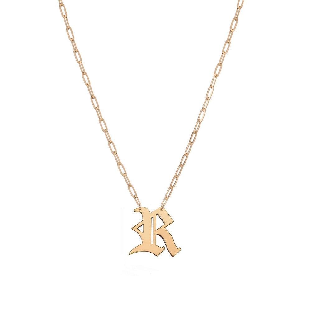 14K Solid Gold Old English Initial Necklace – Cadena Collective