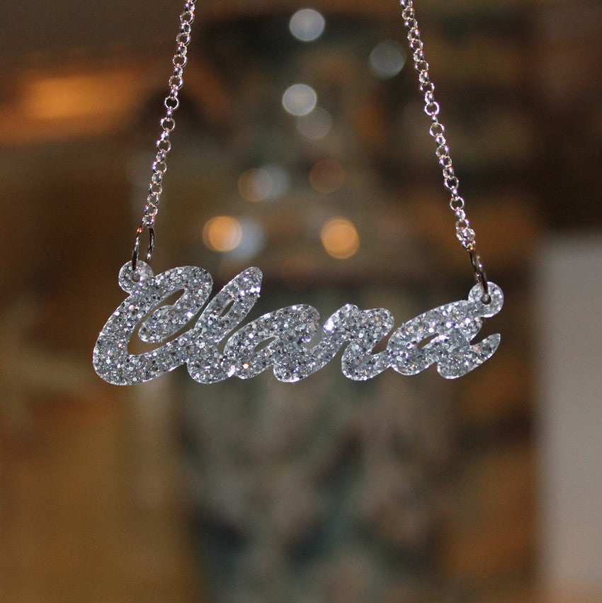 Acrylic name plate on sale necklace