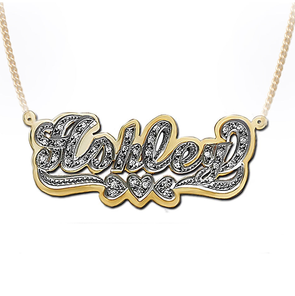 Gold 3D Double Plated Nameplate Necklace with CZ's