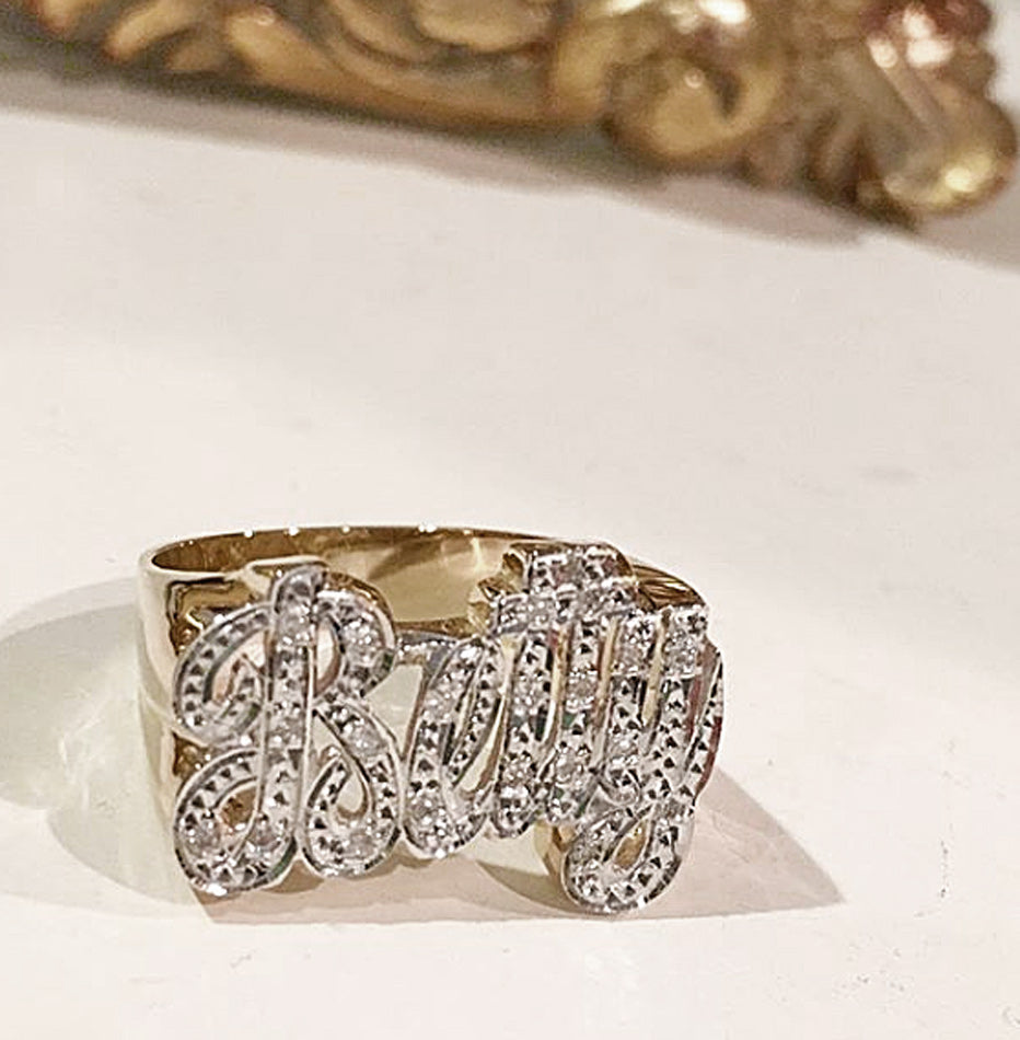 Gold name ring with on sale diamonds