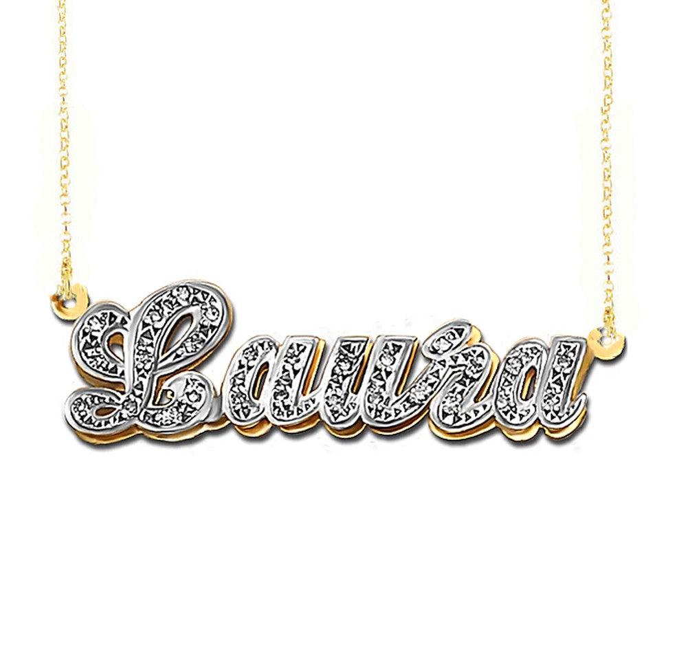 Gold 3D Double Plated Nameplate Necklace with CZ's – Be Monogrammed