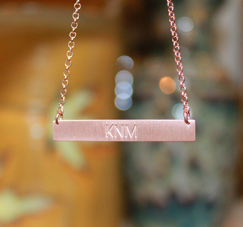 Rose gold bar hot sale necklace engraved