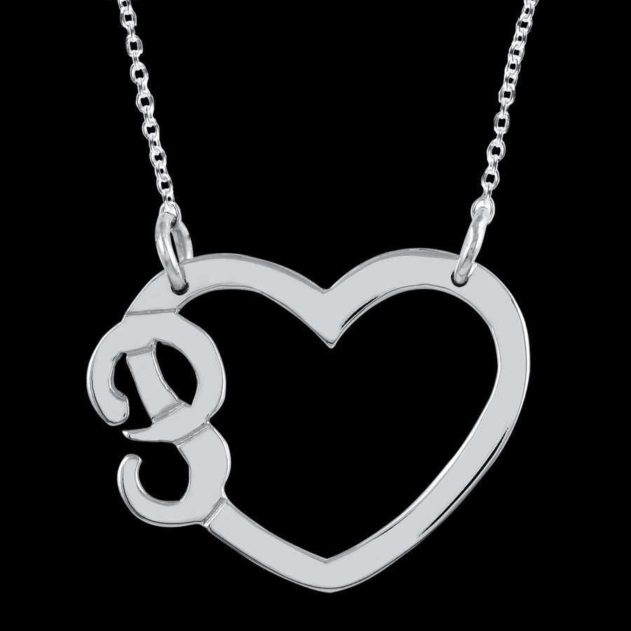 Script Initial Heart Necklace Sterling Silver 18